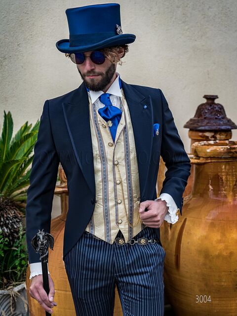 Demi-tight in misto lana blu stile steampunk con pantalone a righe