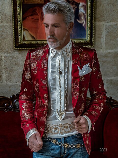 Giacca cerimonia uomo smoking in jacquard rosso con disegni floreali