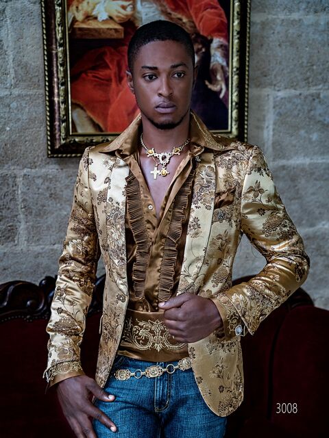 Giacca cerimonia uomo smoking in jacquard oro con disegni floreali