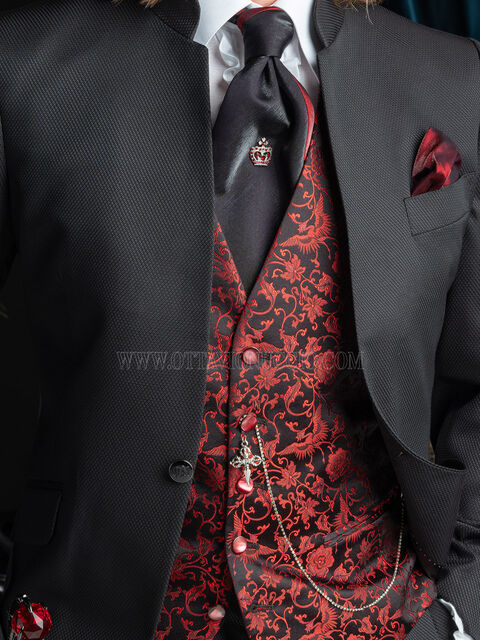 Gilet 5 bottoni in pura seta jacquard nero e rosso