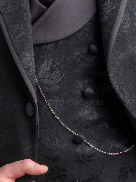 Gilet doppiopetto tessuto floreale nero, rever sciallato in raso
