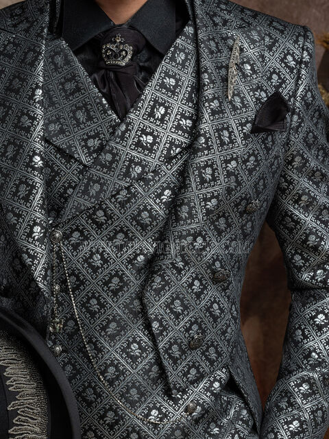 Gilet con rever d'epoca broccato nero argento