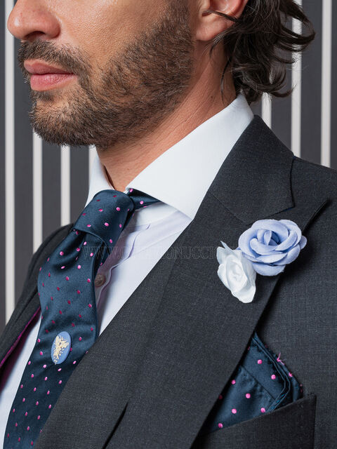 Cravatta e Fazzoletto in seta blu pois rosa