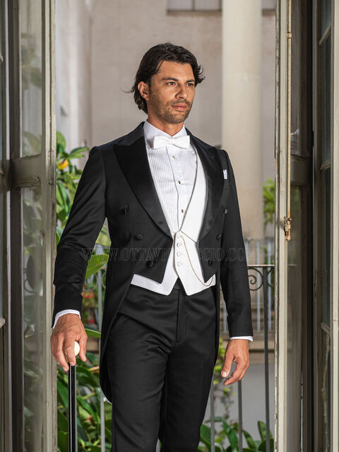 Frac uomo sposo classico pura lana nero e gilet bianco