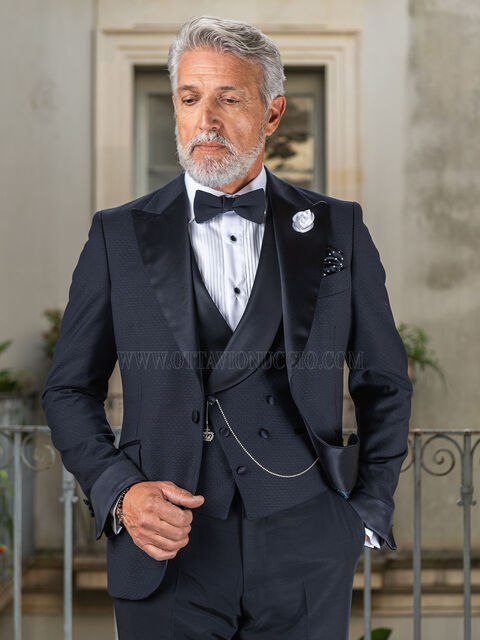 Smoking moderno blu rever lancia in raso