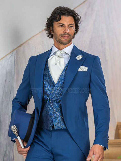 Abito da sposo tight moderno blu azzurro con gilet damascato