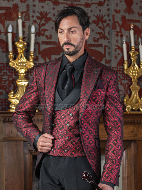 Abito sposo redingote gotico broccato a quadri rosso e nero
