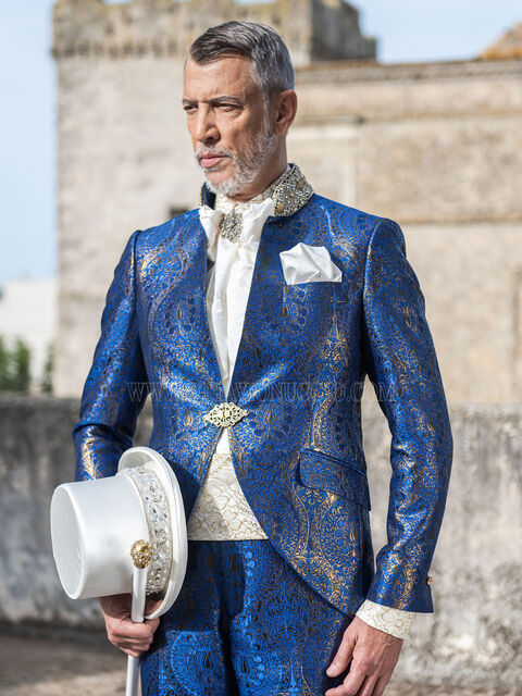 Vestito sposo coreana broccata blu e oro con passamaneria
