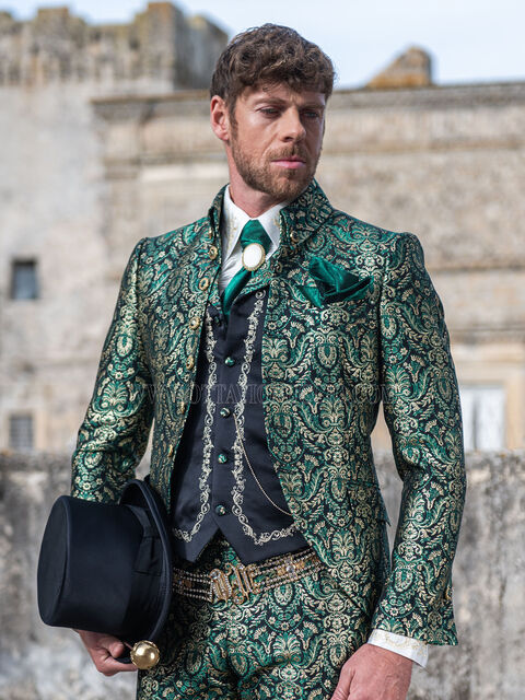 Abito sposo barocco broccato verde oro collo Napoleone