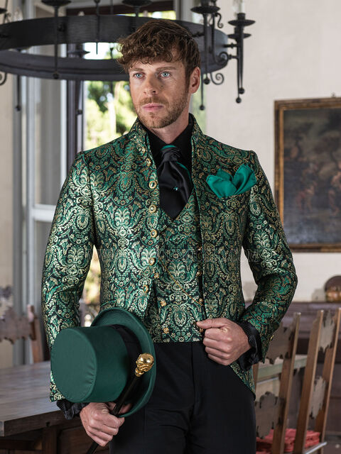 Vestito sposo gotico broccato verde oro collo Napoleone