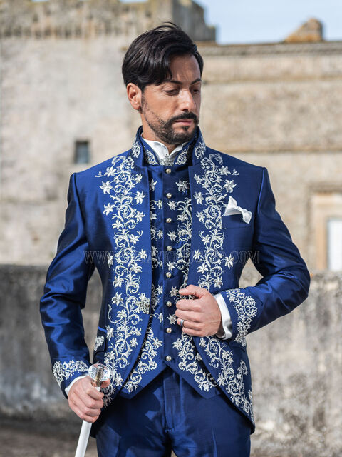 Abito sposo stile barocco eccentrico blu ricamato argento