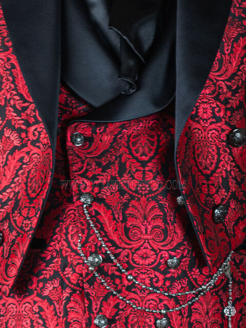 Gilet doppiopetto broccato floreale rosso, rever sciallato raso nero