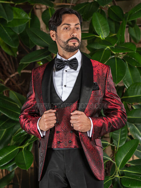 Smoking uomo damascato rosso collo sciallato