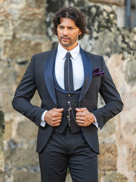 Smoking uomo nero gessato blu per matrimoni vintage