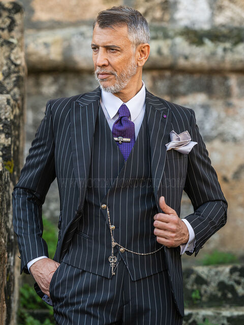 Abito da cerimonia uomo stile rock nero gessato bianco