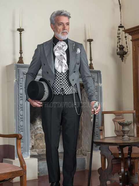 Frac uomo sposo steampunk gessato grigio pantalone nero