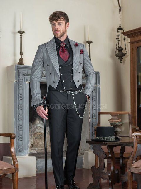 Frack uomo sposo steampunk gotico gessato grigio