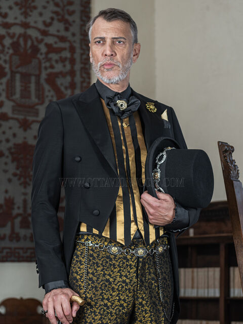 Frac uomo nero sposo in stile steampunk con pantalone damascato nero oro