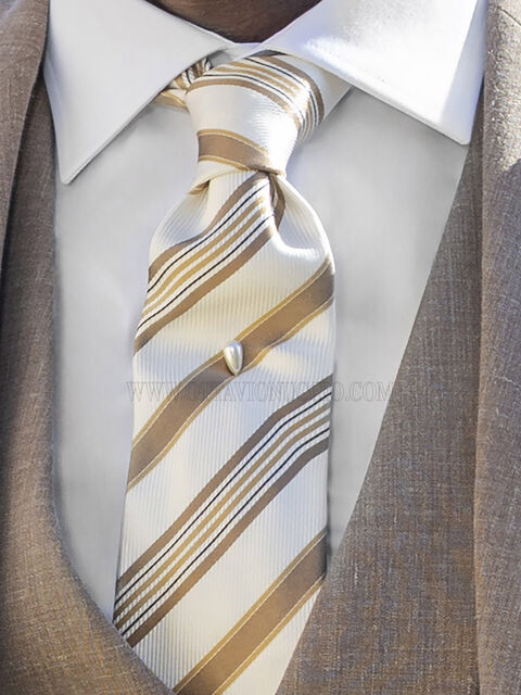 Cravatta e Fazzoletto in pura seta jacquard righe ocra su fondo bianco
