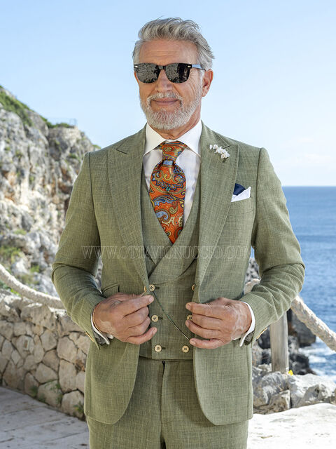Abito Uomo Tre Pezzi Estivo - Verde Oliva con Texture Melange