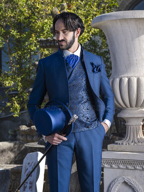 Abito Sposo Coreana Blu Royal con Gilet Damascato