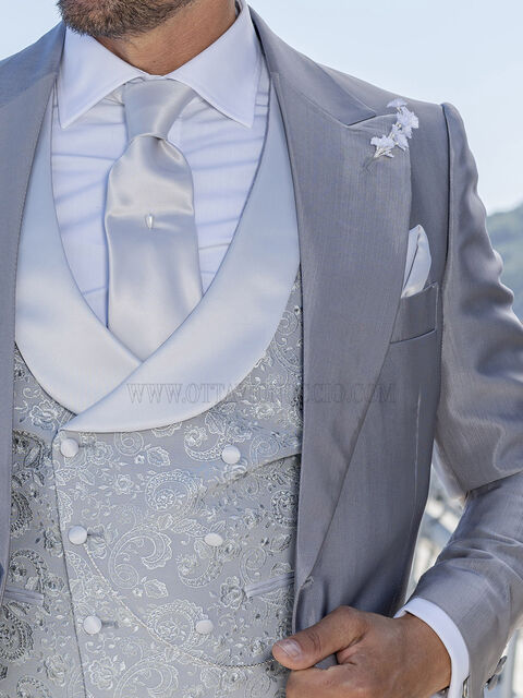 Gilet doppiopetto sciallato misto lana ricamato grigio perla