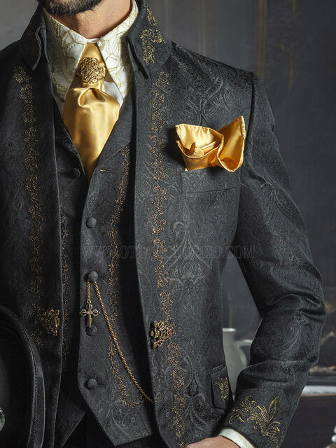 Gilet in tessuto jacquard damascato nero con ricamo floreale oro