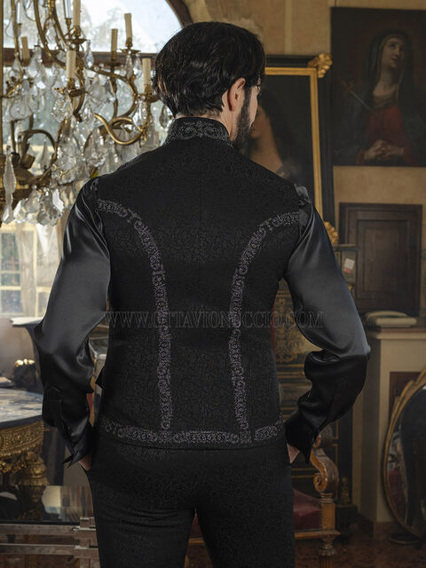 Gilet collo coreano jacquard nero con ricami nero-argento