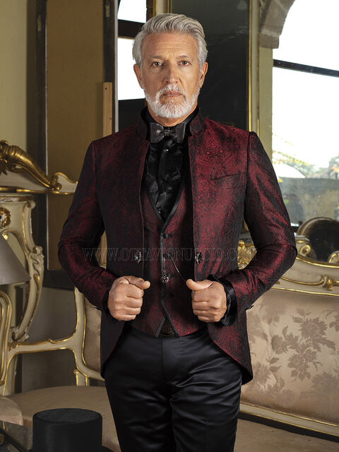 Vestito Sposo Redingote Collo Coreano Damascato Bordeaux