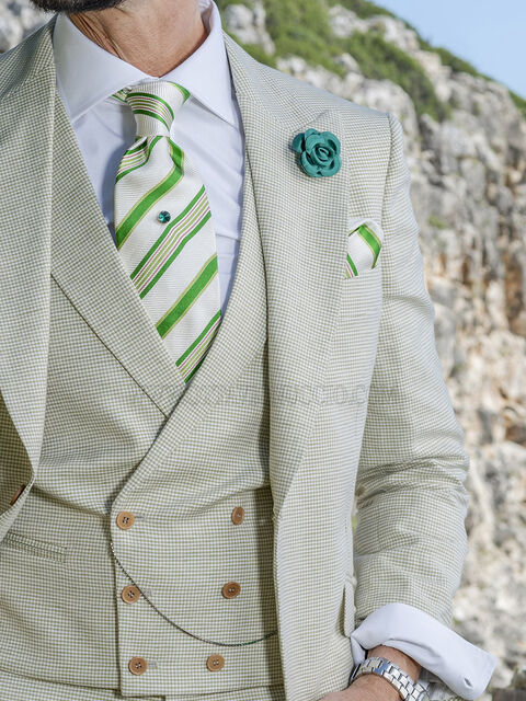 Gilet doppiopetto in tessuto cotone-lino fondo beige e  Pied-de-poule verde