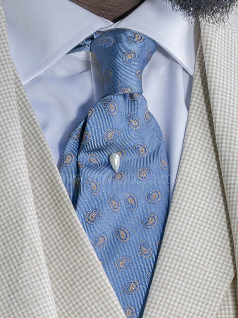 Cravatta in seta jacquard azzurro e disegni cachemere