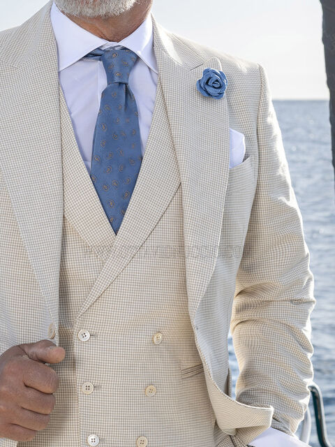 Gilet doppiopetto in tessuto cotone-lino fondo beige e  Pied-de-poule beige